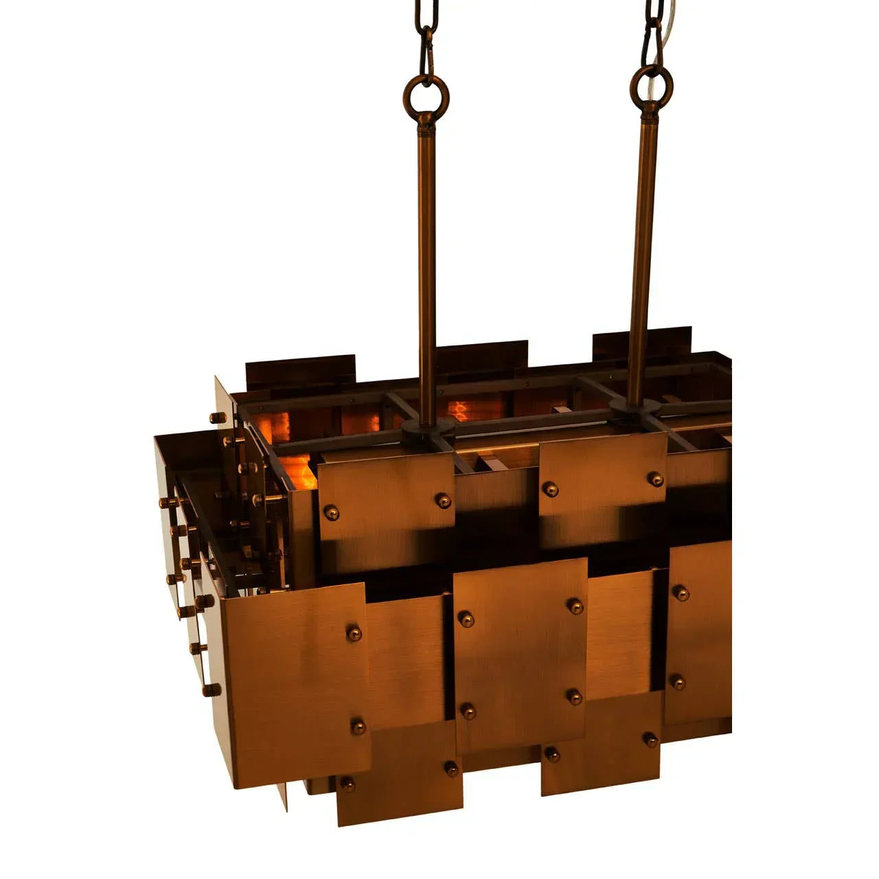 Rectangular brass pendant light with layered metal panels and two hanging rods