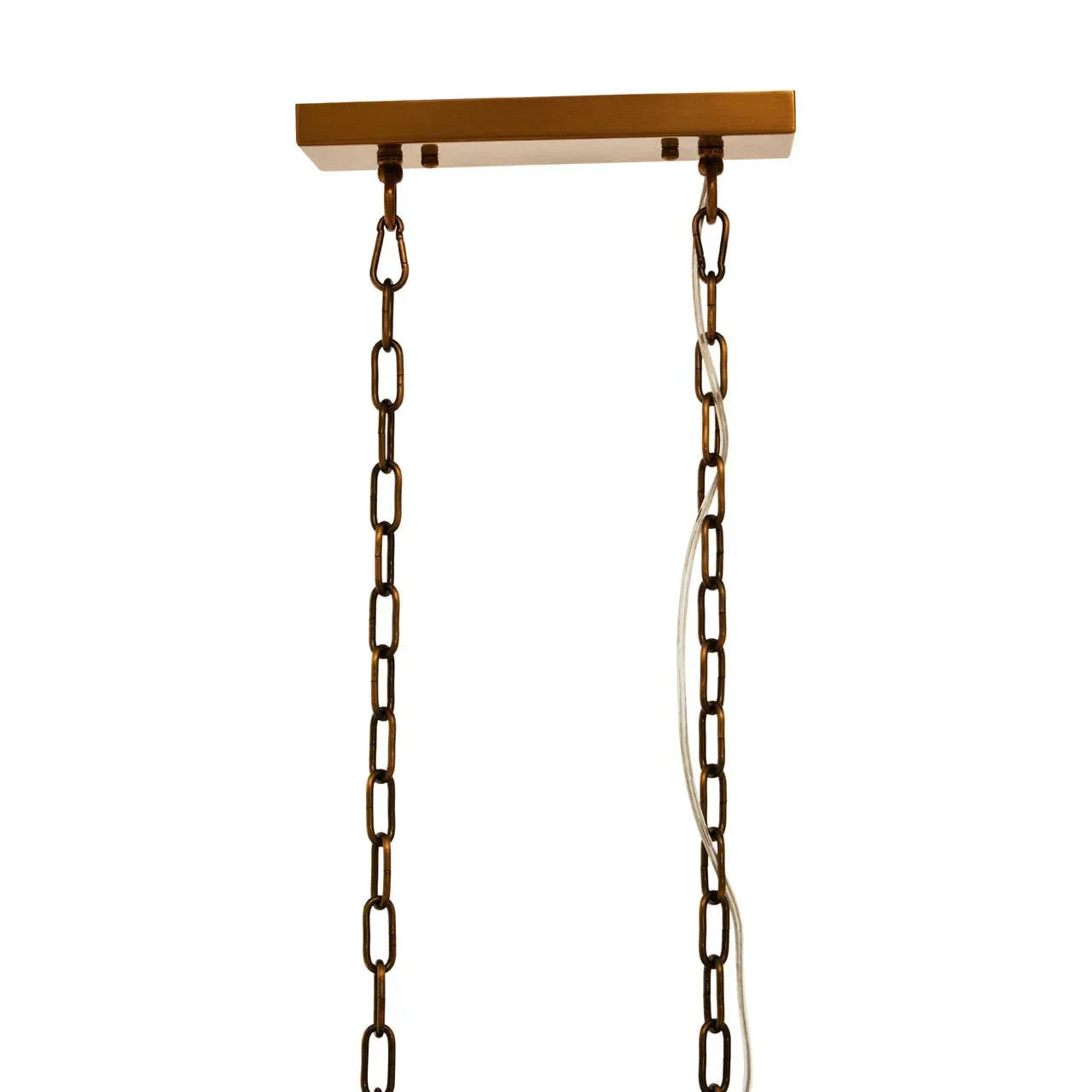Ceiling light fitting with rectangular gold canopy and two metal chains for pendant support