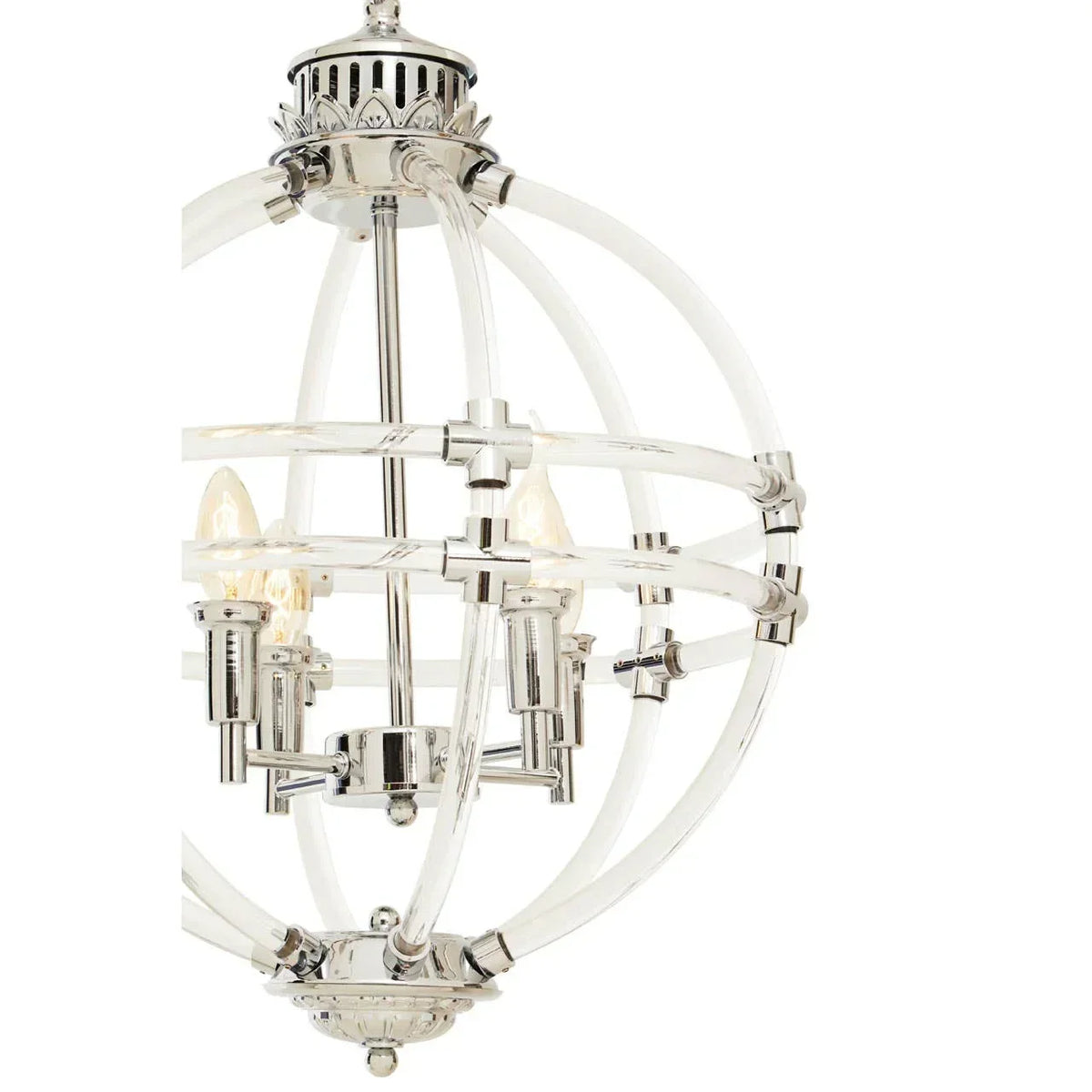 Chrome and acrylic globe chandelier with multiple candle style lights