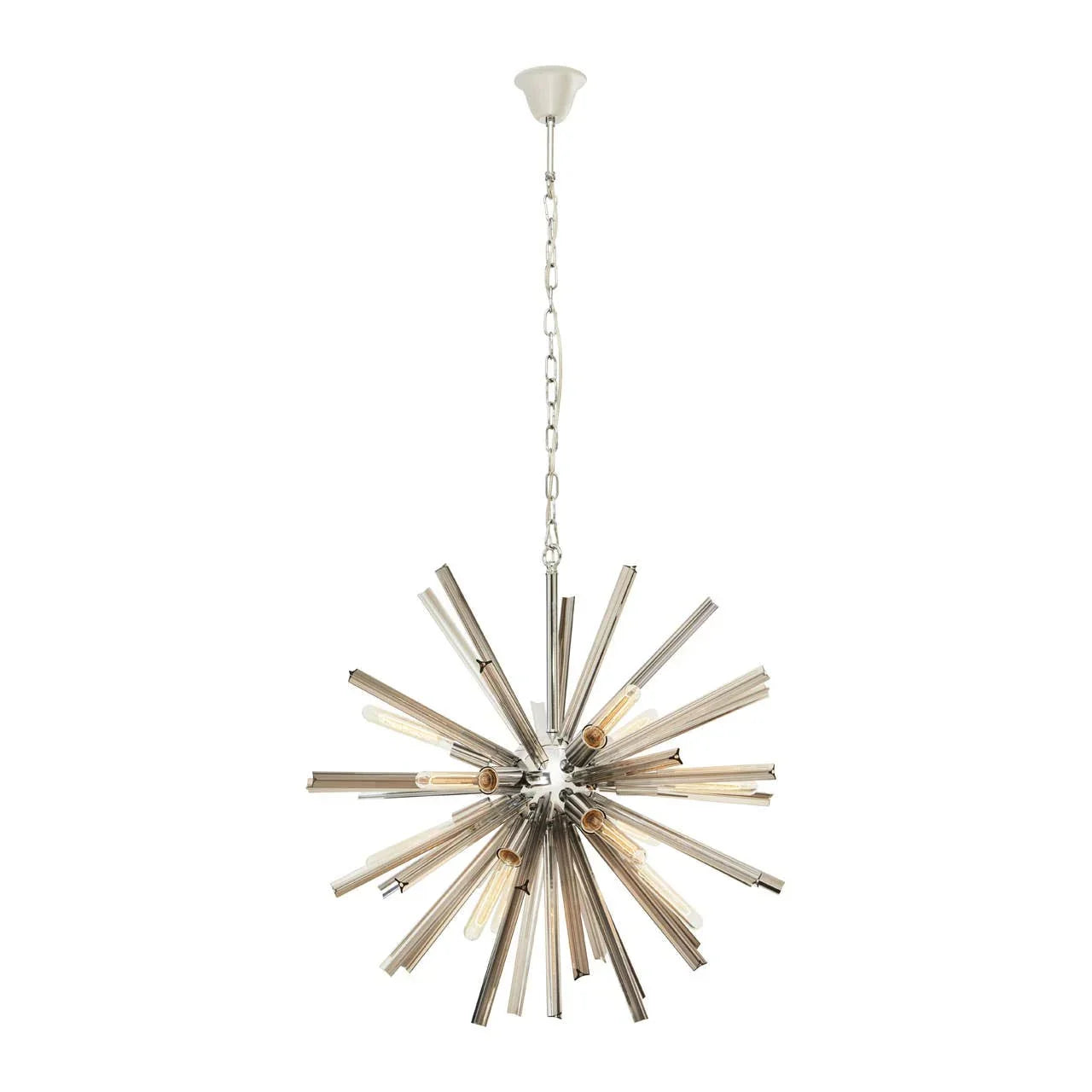 Modern starburst metal chandelier with exposed bulbs and hanging chain