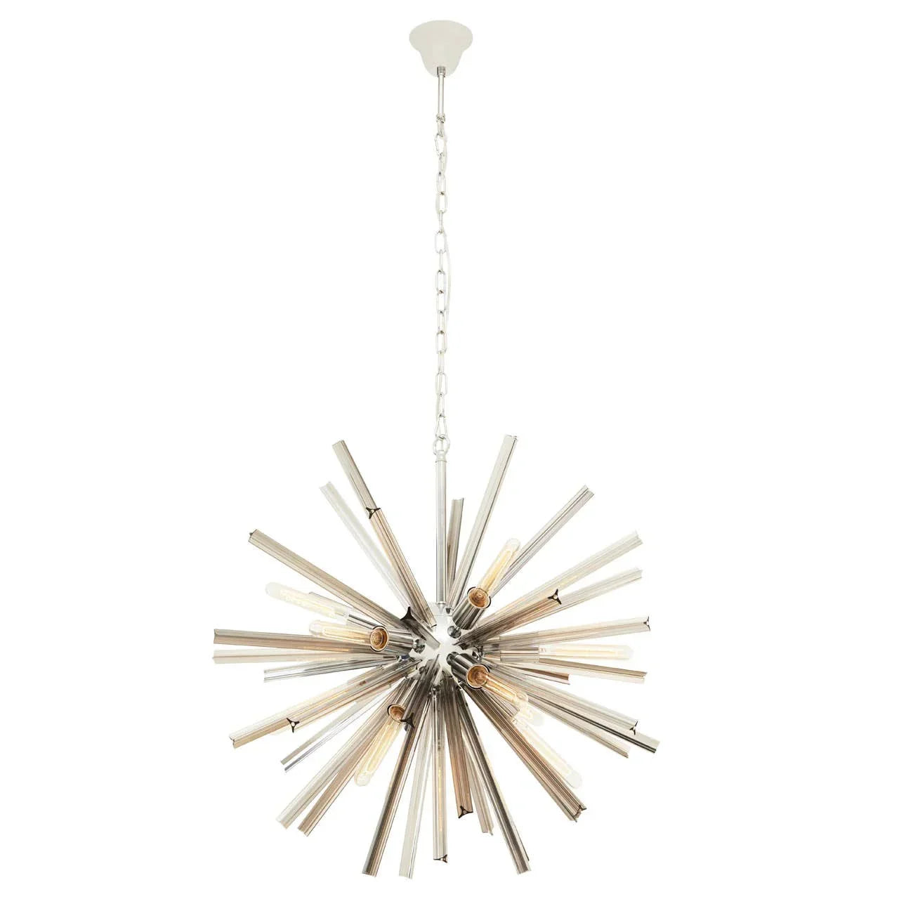Chrome sputnik chandelier with exposed bulbs and radiating metal rods, hanging from ceiling