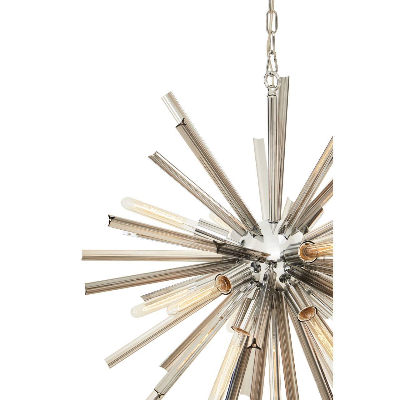 Modern chrome starburst chandelier with exposed bulbs and metallic rods