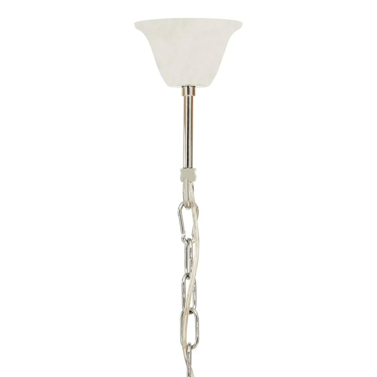Ceiling light fixture with frosted glass shade and chrome chain hanging detail