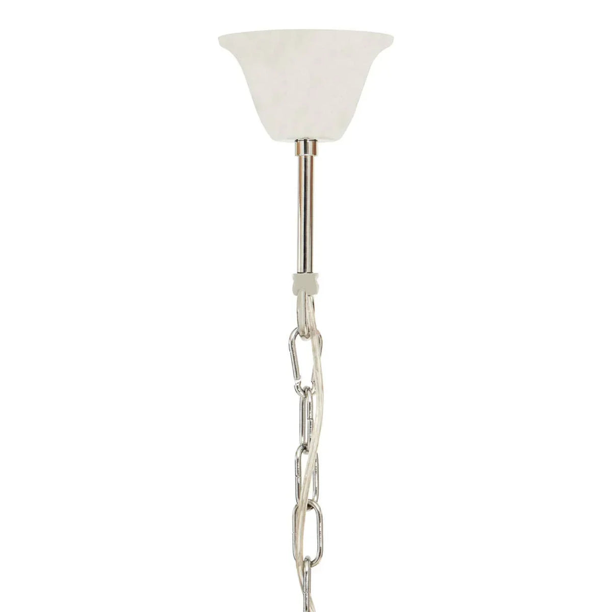 Ceiling light fixture with frosted glass shade and chrome chain hanging detail