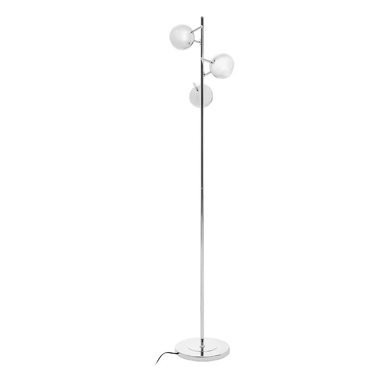 Chrome floor lamp with three white glass globe lights and round base