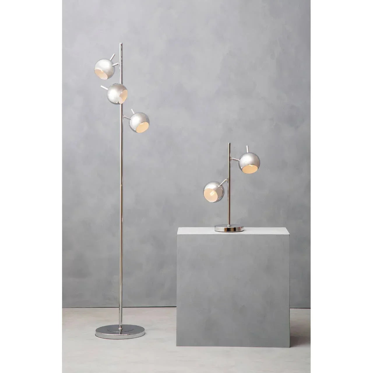 Chrome floor lamp and matching chrome table lamp with adjustable round shades