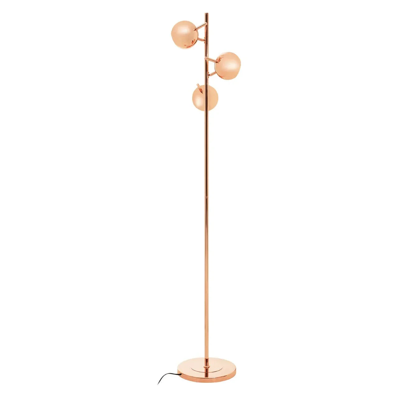 Copper floor lamp with three round glass shades on metal stand