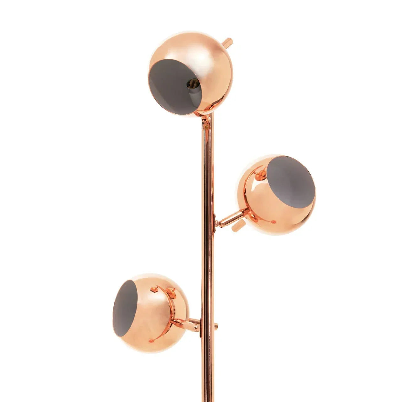 Copper floor lamp with three adjustable spherical heads and matte black accents