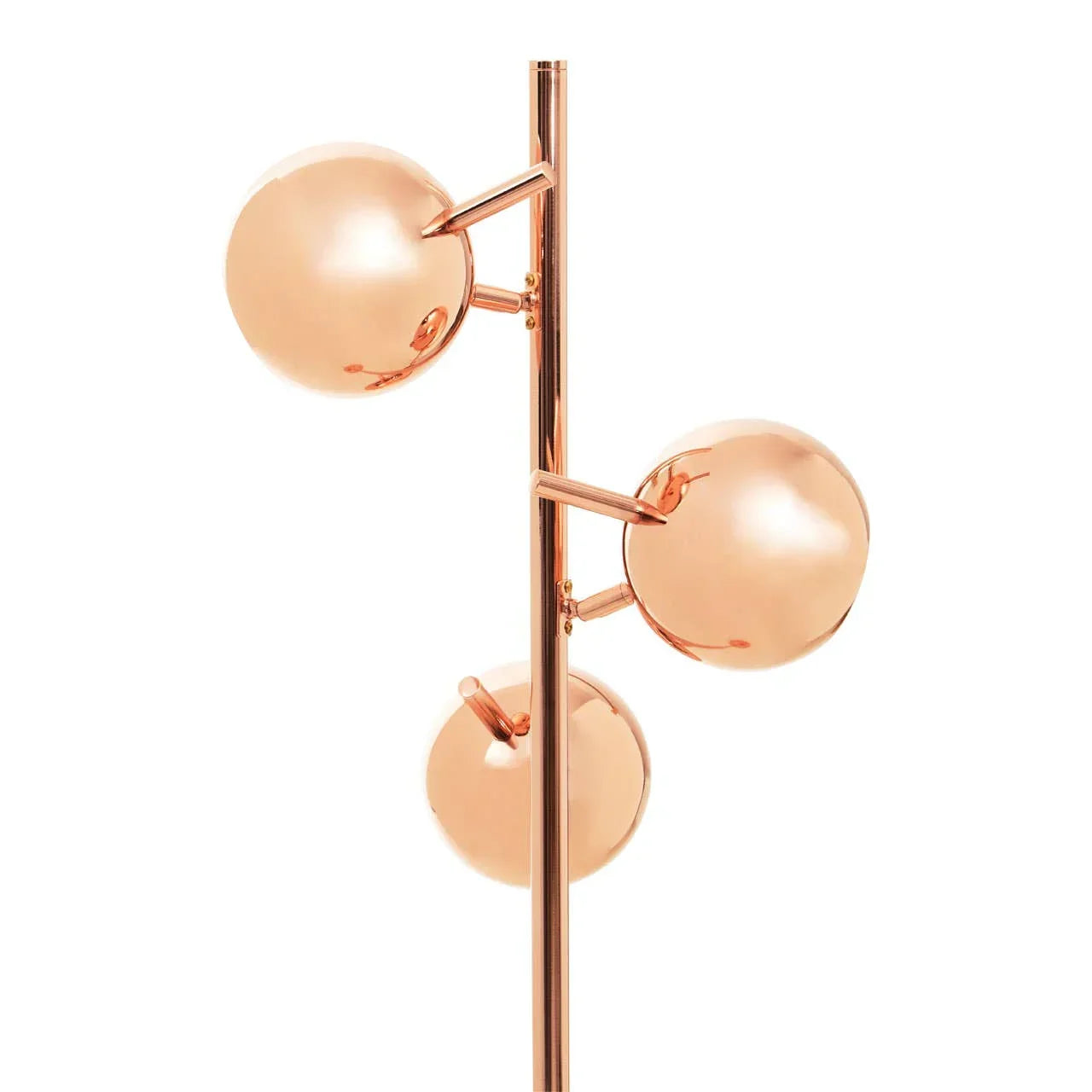 Modern copper floor lamp with three spherical glass shades on vertical stand