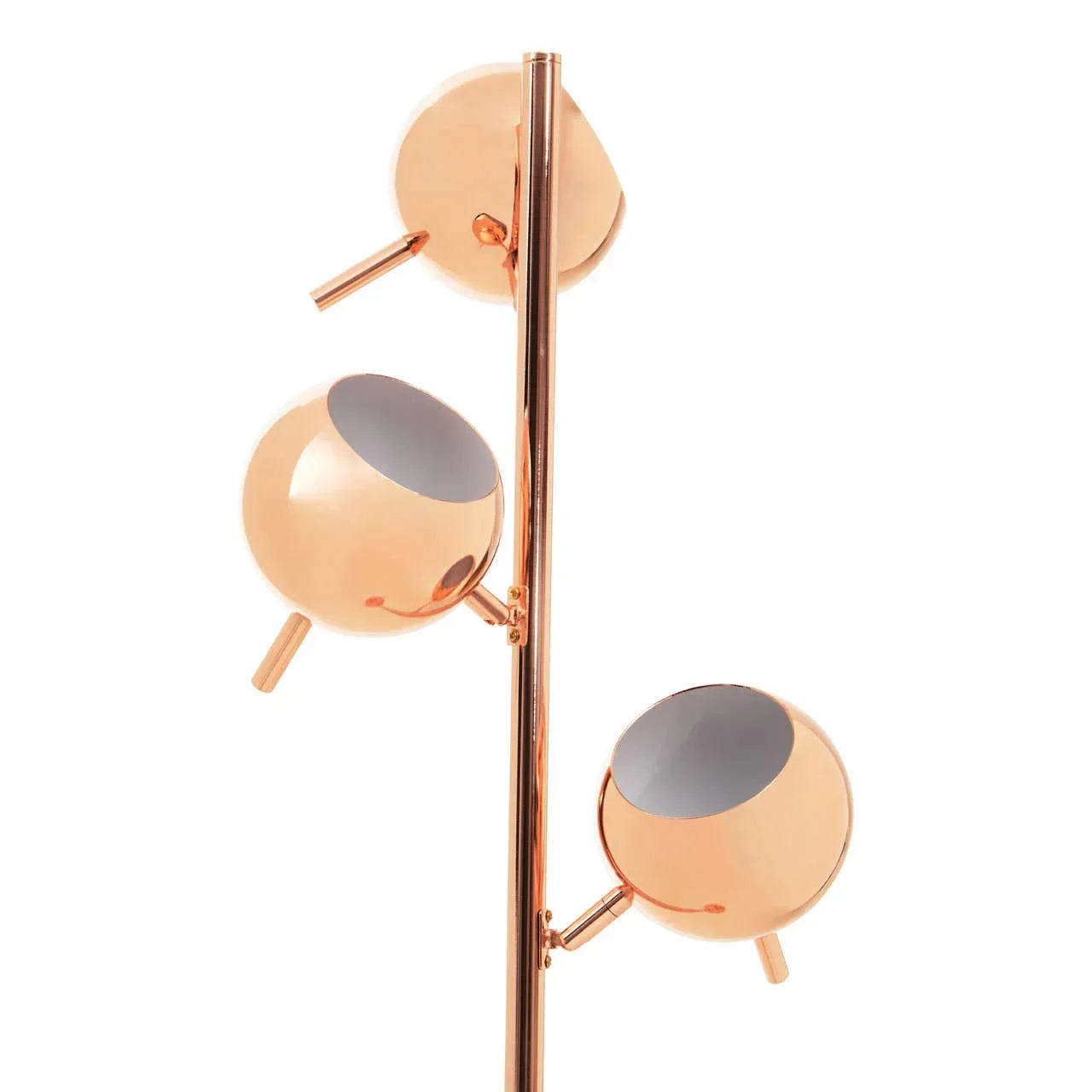 Copper floor lamp with three adjustable spherical lamp heads on vertical pole