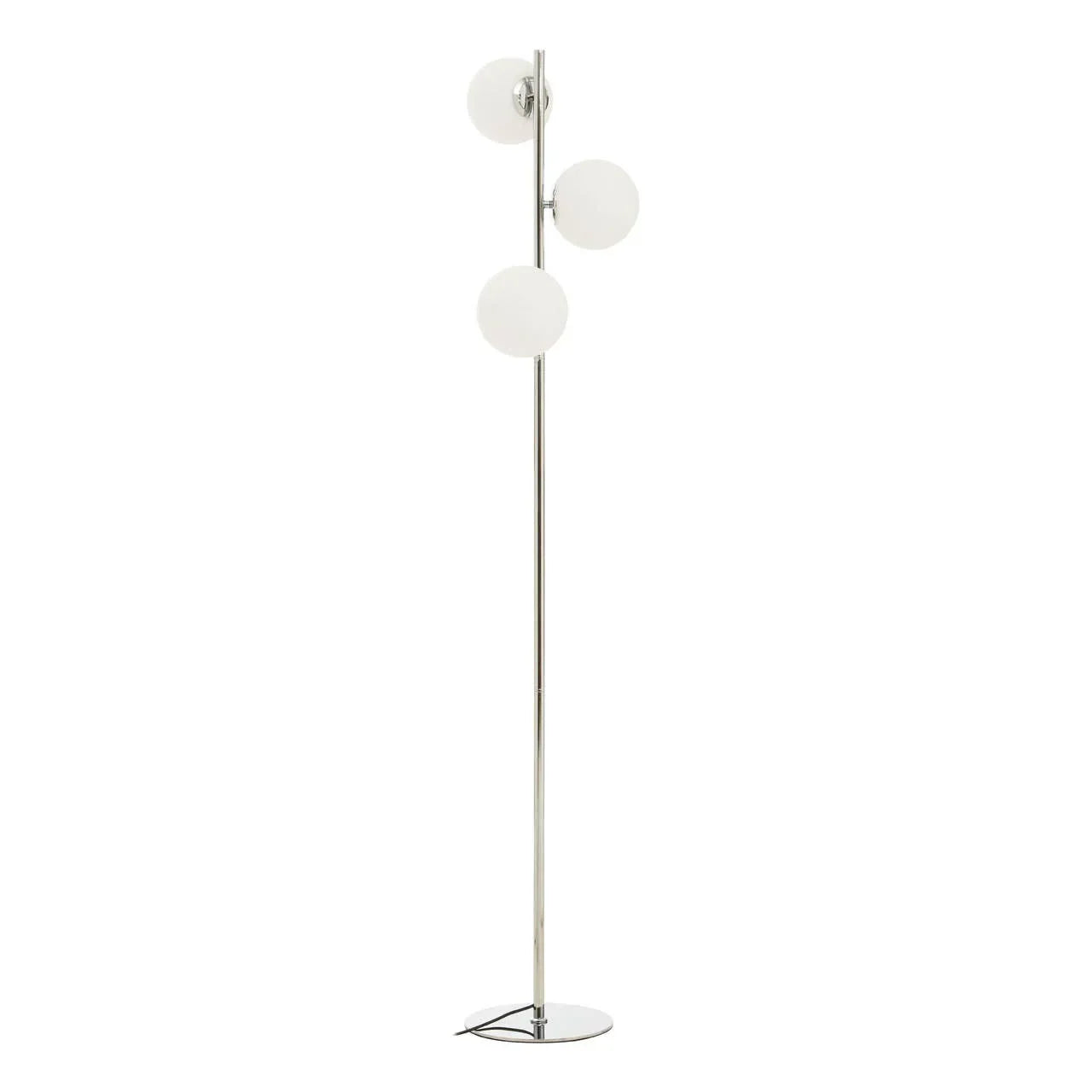 Chrome floor lamp with three white glass globe shades on slim base