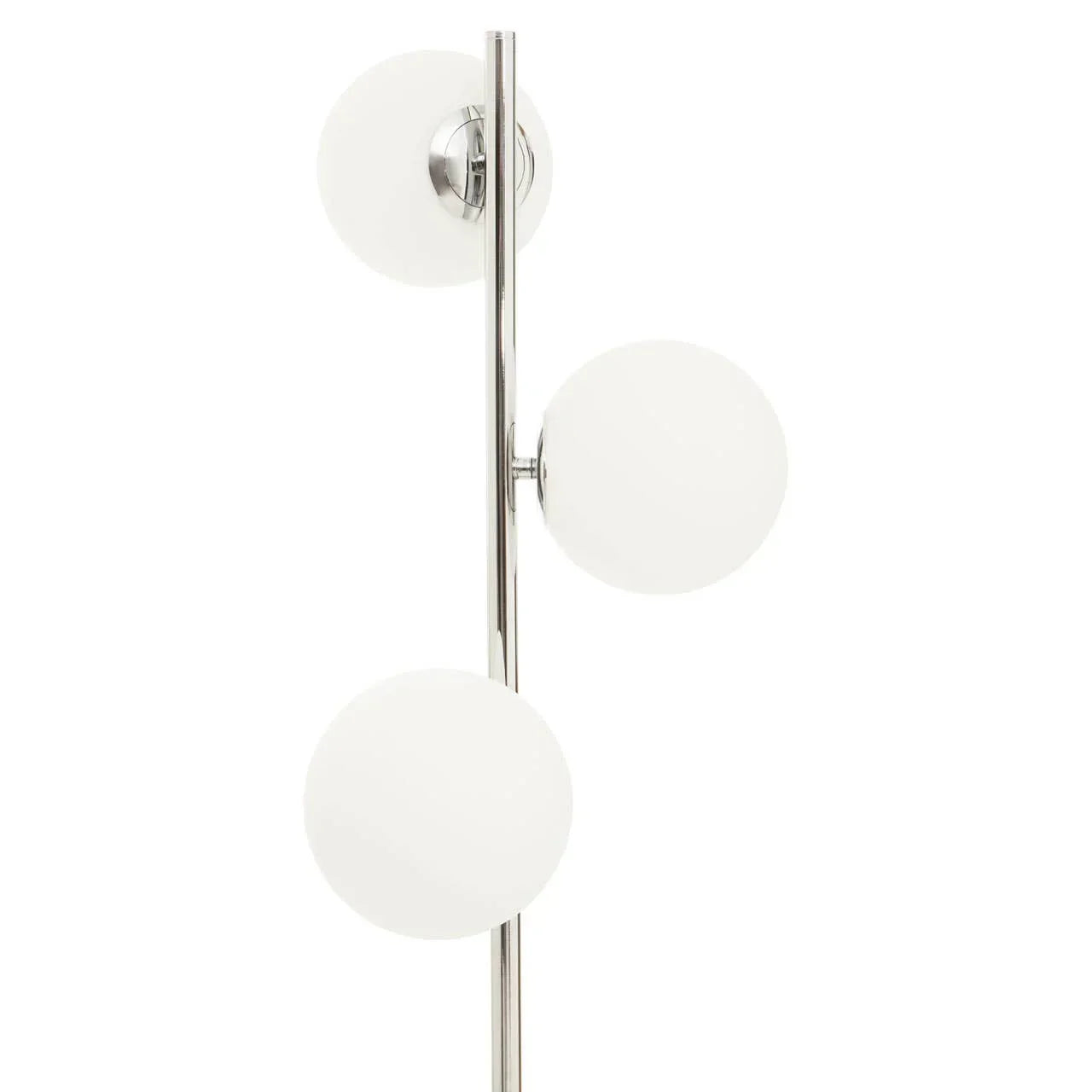 Chrome floor lamp with three white glass globe light shades