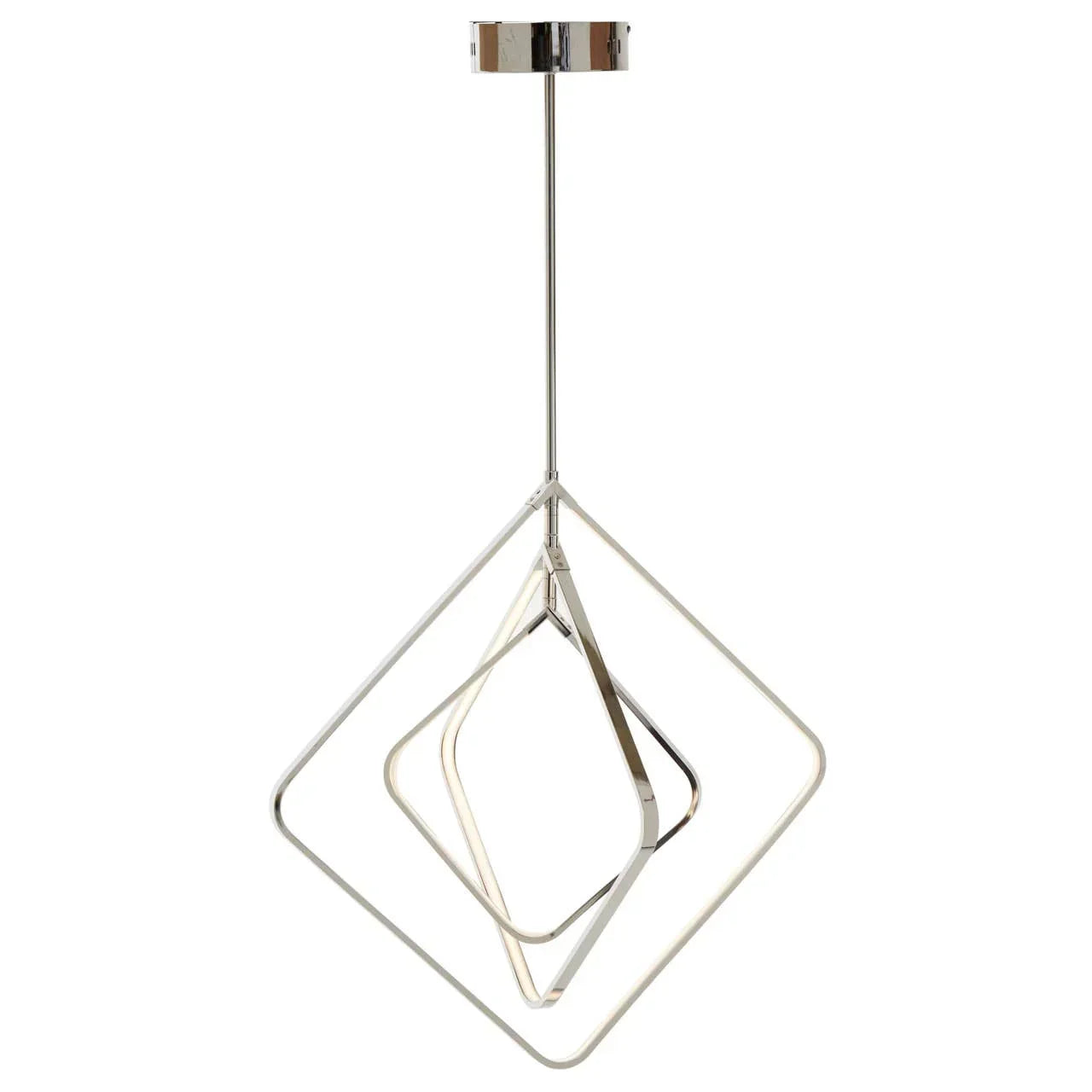 Modern chrome geometric pendant light with square LED frames suspended from ceiling mount