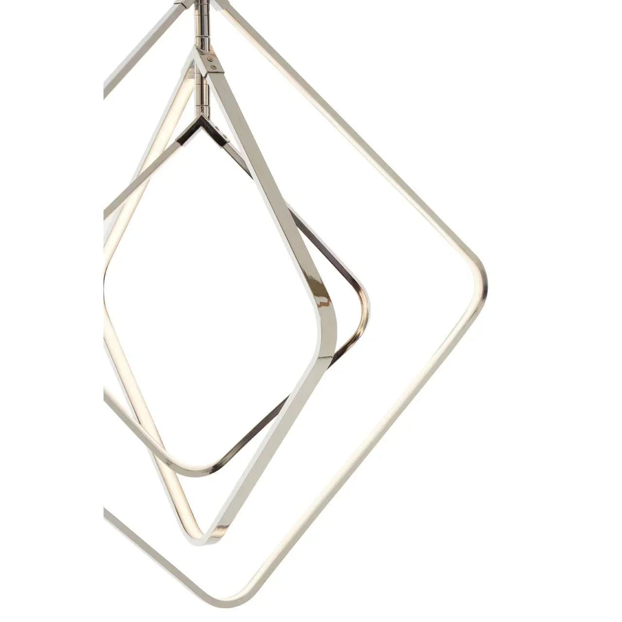 Chrome geometric pendant light with LED features and modern frame design