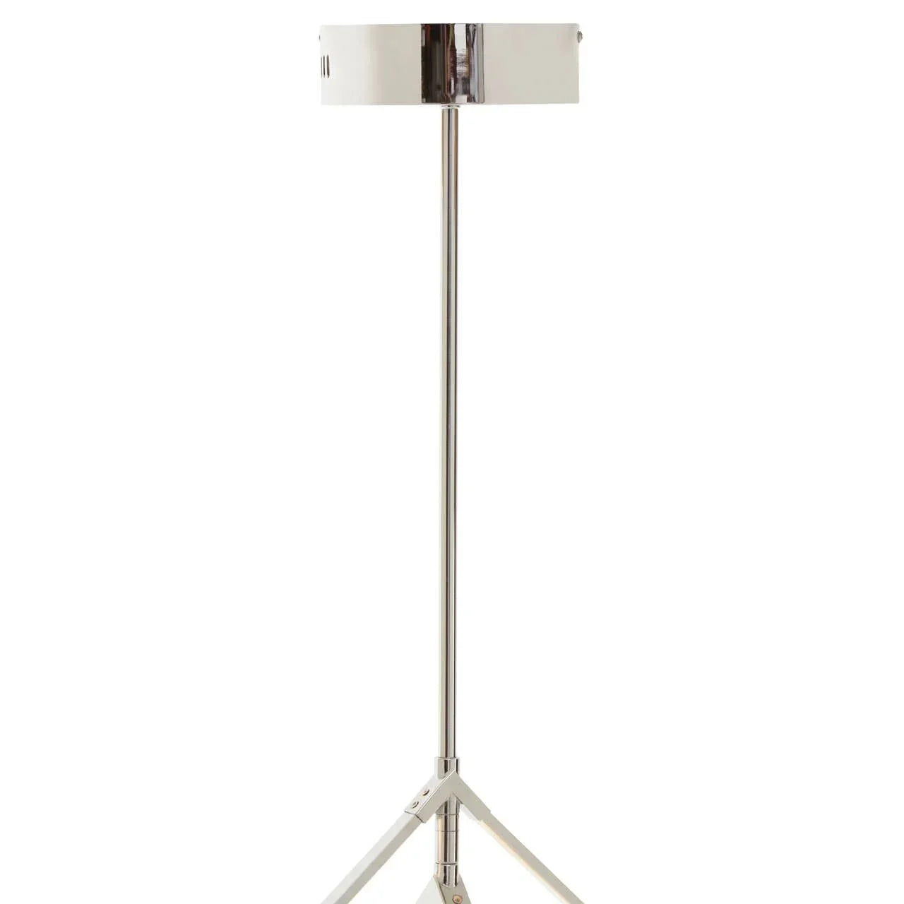 Chrome tripod floor lamp with cylindrical metal shade on white background