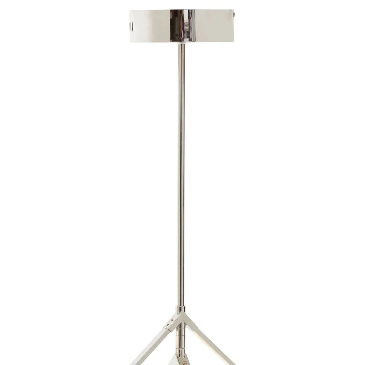 Chrome tripod floor lamp with cylindrical metal shade on white background