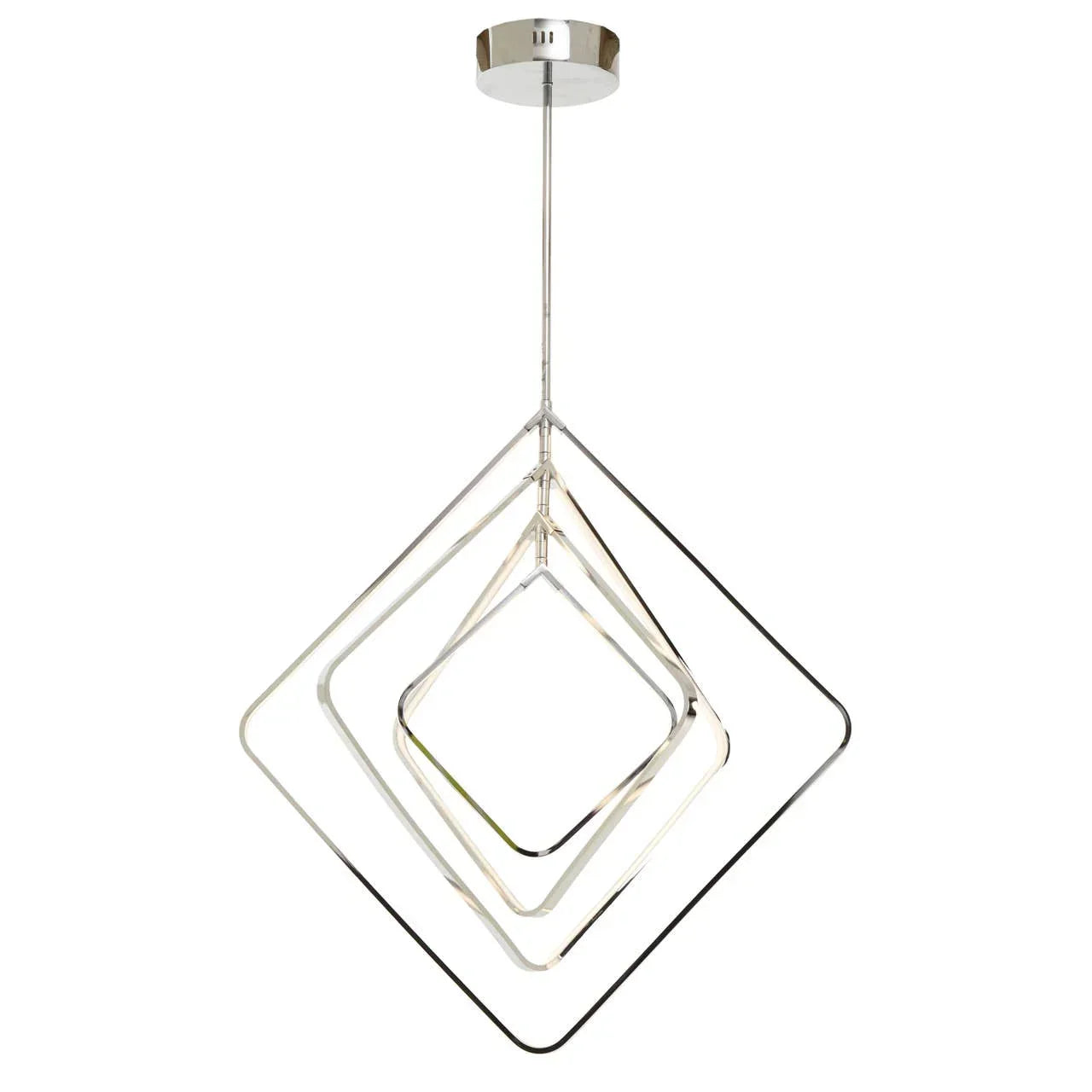 Modern chrome pendant light with three geometric square frames suspended vertically