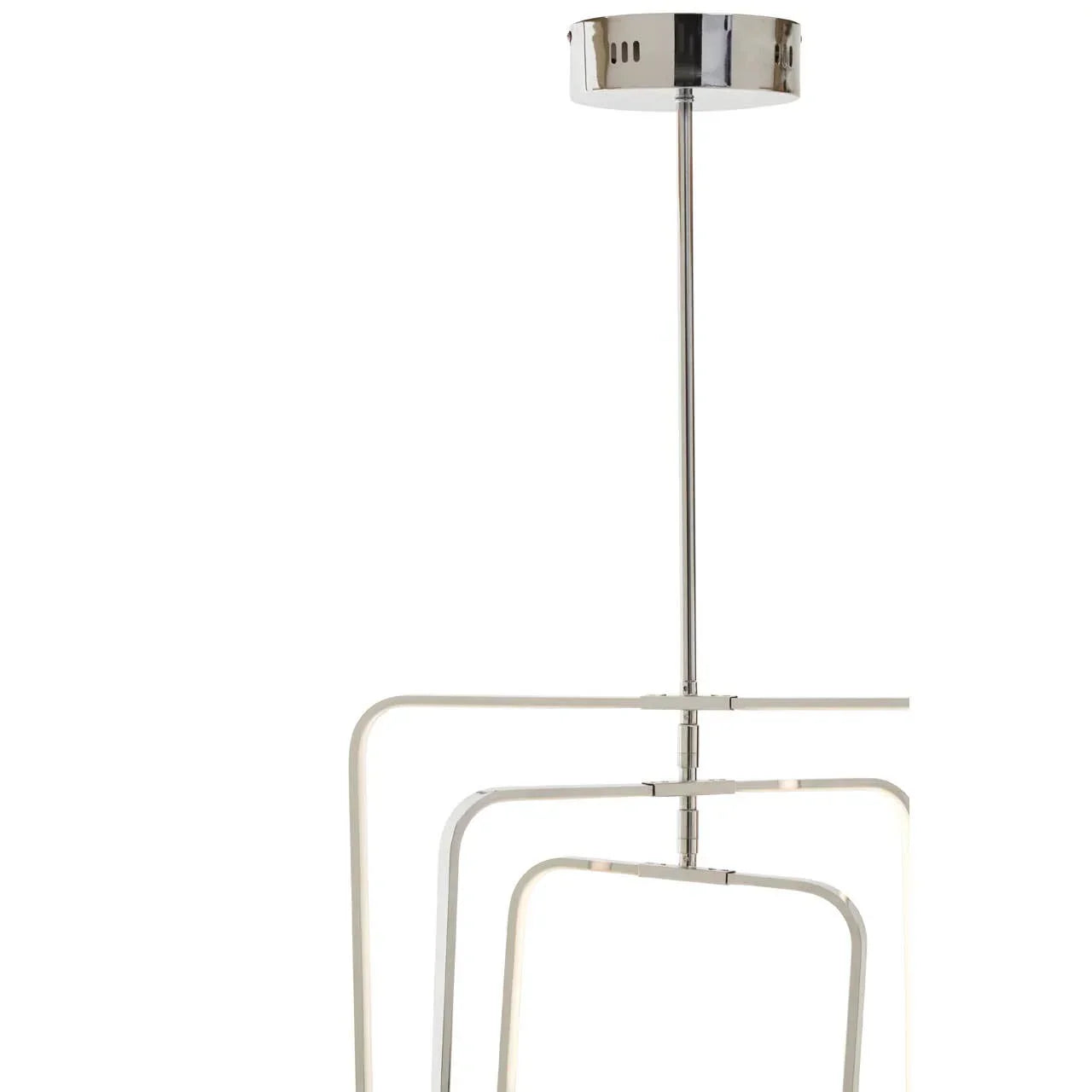 Modern chrome ceiling light fixture with three square LED frames and central rod