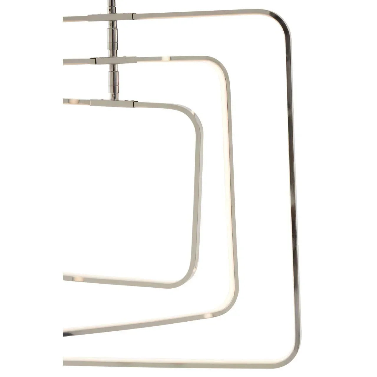 Modern LED ceiling light with three chrome rectangular rings, close-up view