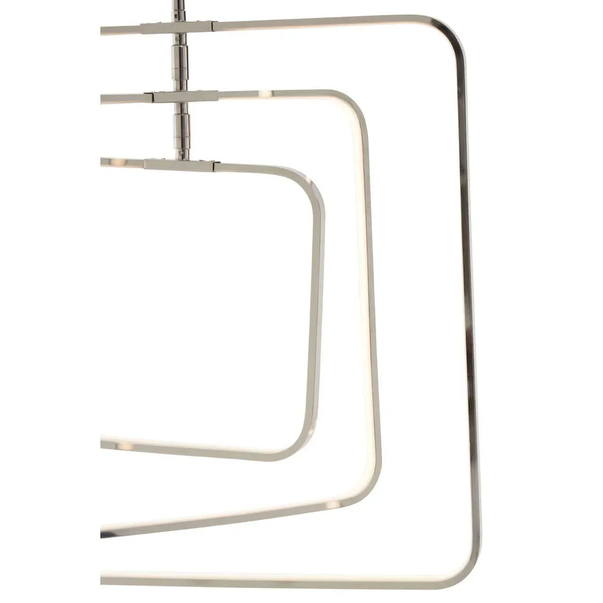 Modern LED ceiling light with three chrome rectangular rings, close-up view