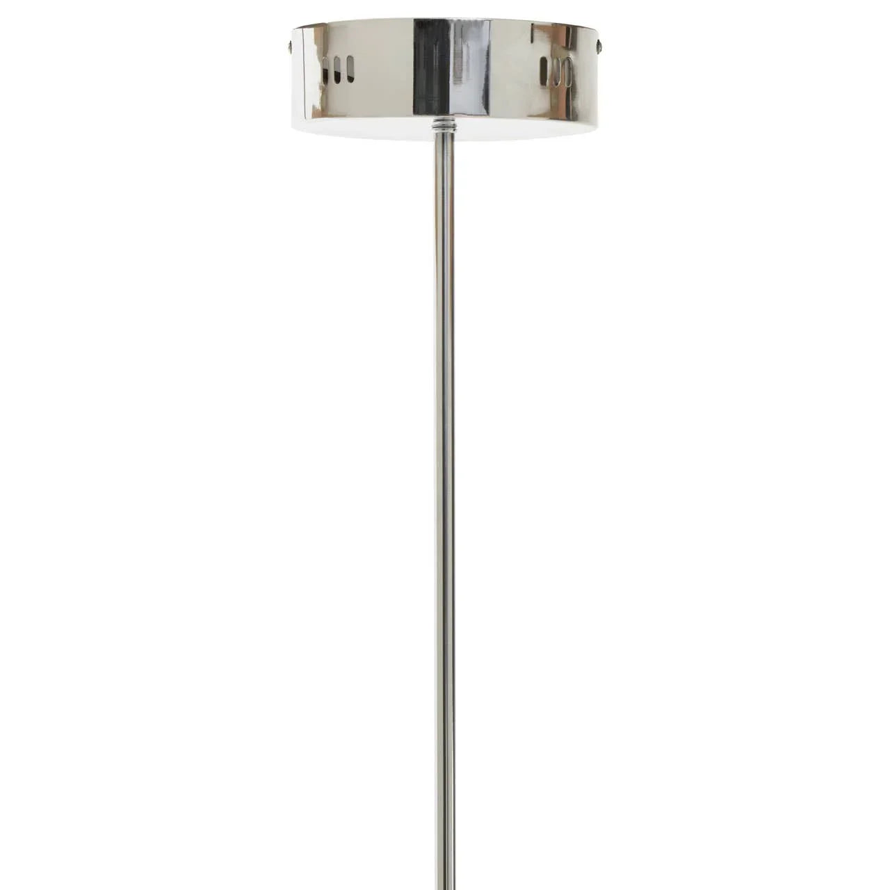 Chrome floor lamp with round shade and slim metal stand on white background
