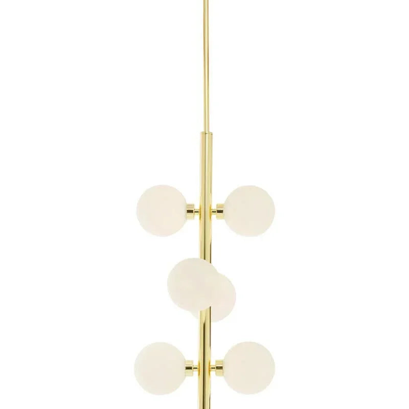 Gold pendant light fixture with six frosted glass globe shades in vertical arrangement