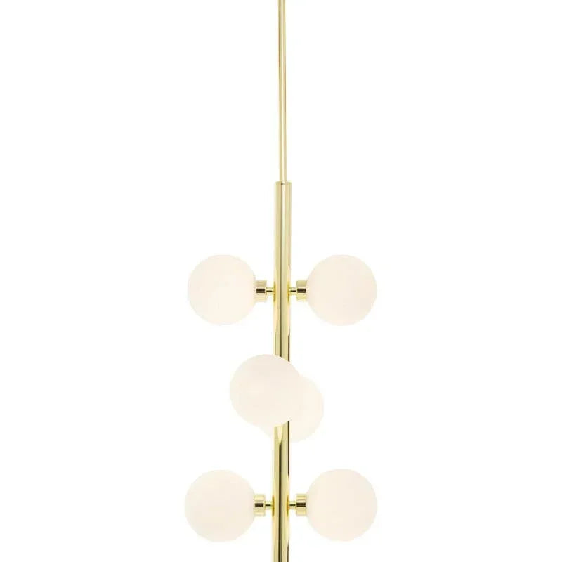 Gold pendant ceiling light with six frosted glass globe shades in a vertical arrangement
