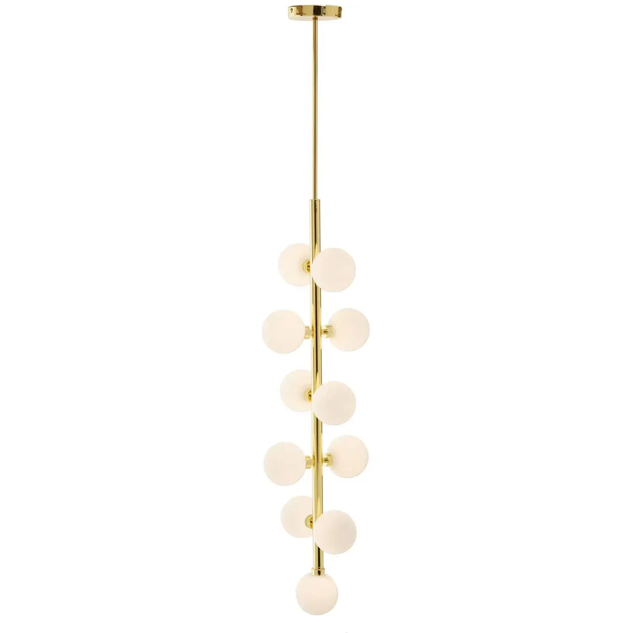 Gold pendant ceiling light with vertical rod and multiple white glass globe shades