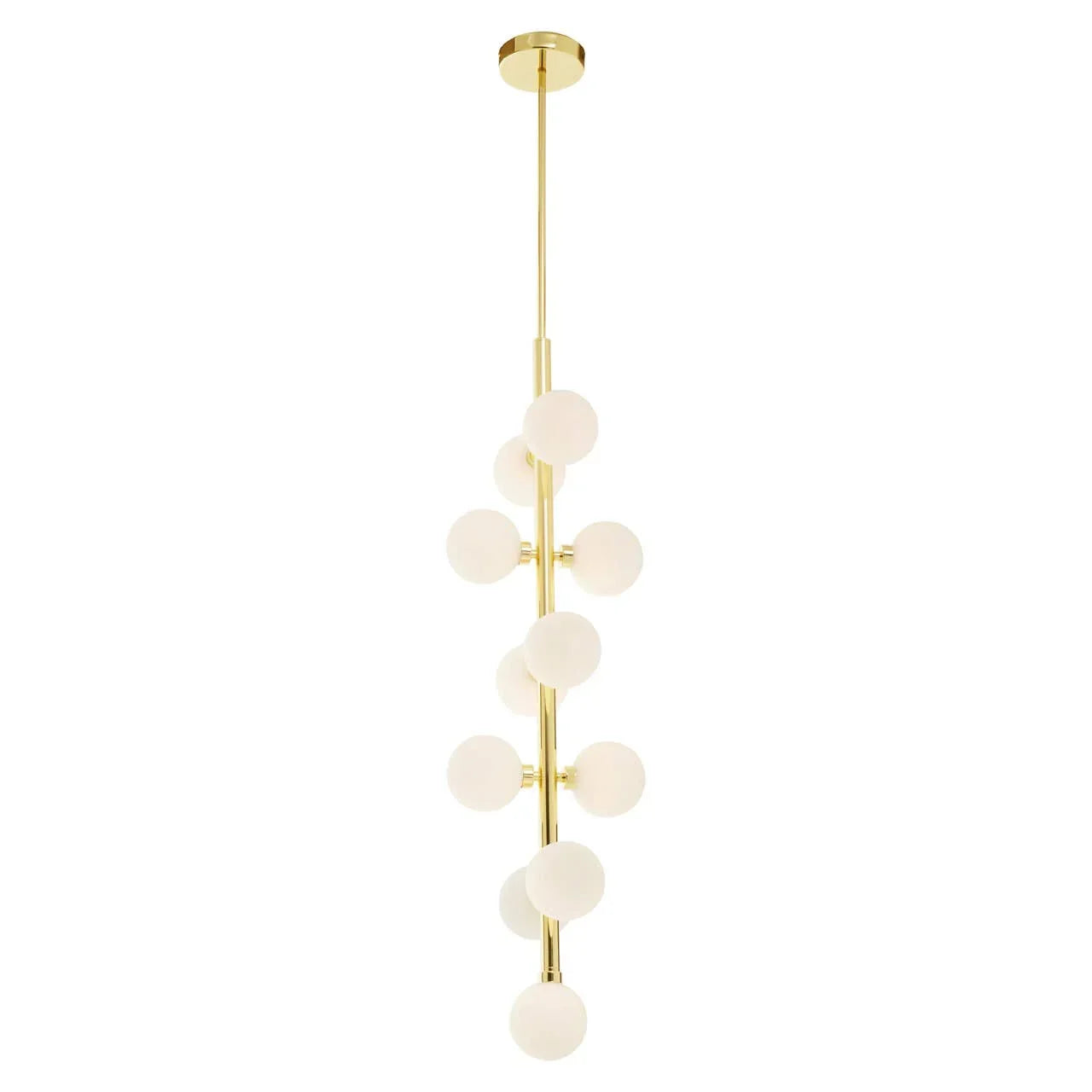 Gold pendant ceiling light with frosted glass globe shades in vertical arrangement