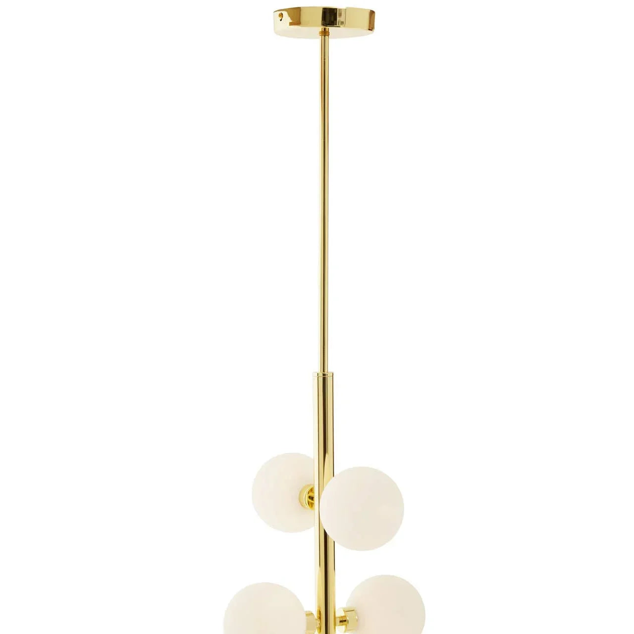 Gold ceiling light with white globe shades, modern pendant design
