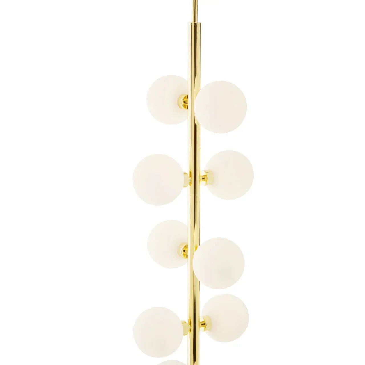 modern gold floor lamp with eight white glass globe shades in vertical arrangement