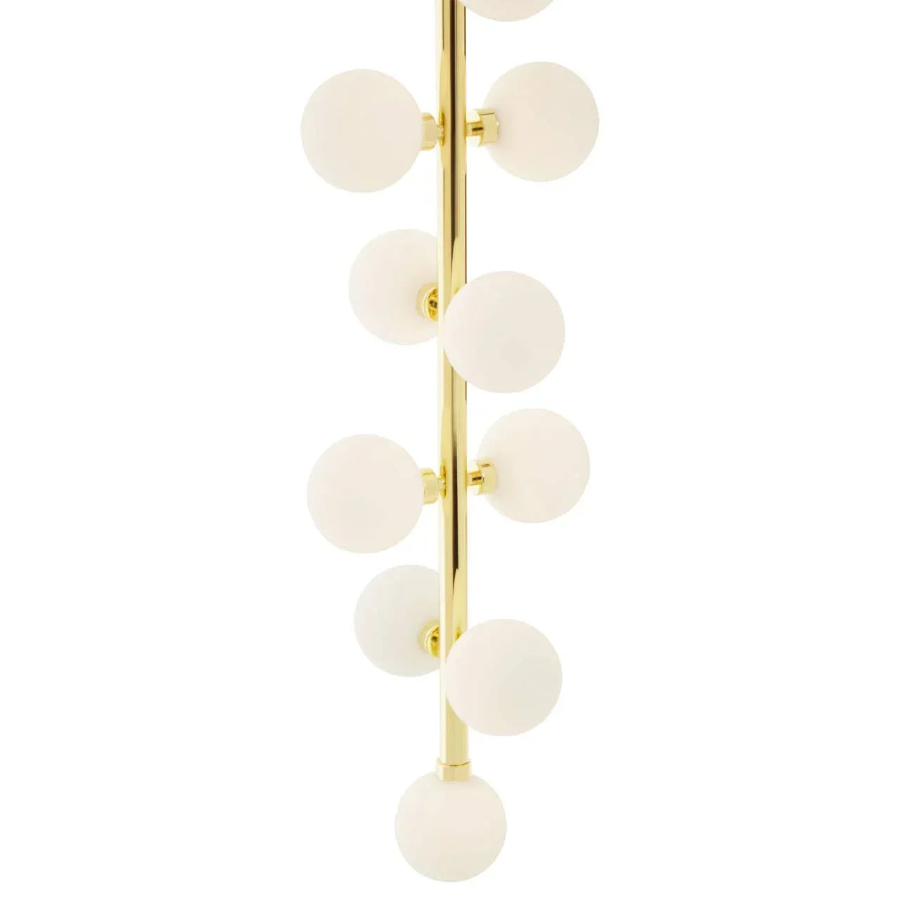 Gold vertical chandelier with round white glass globe lights on brass rod