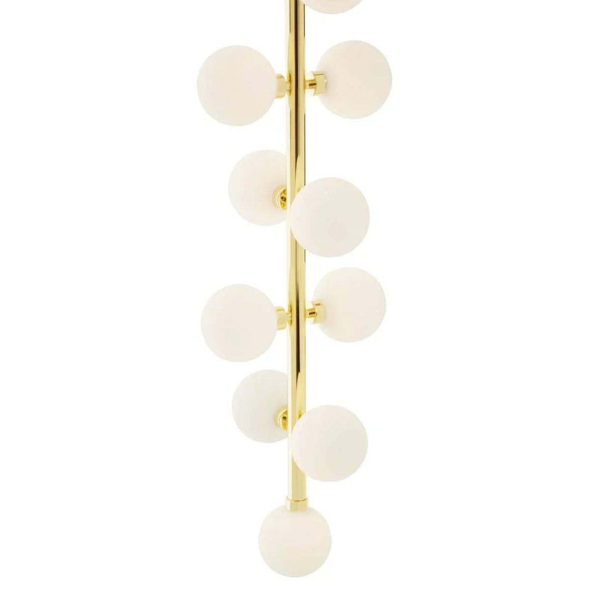 Gold vertical chandelier with round white glass globe lights on brass rod