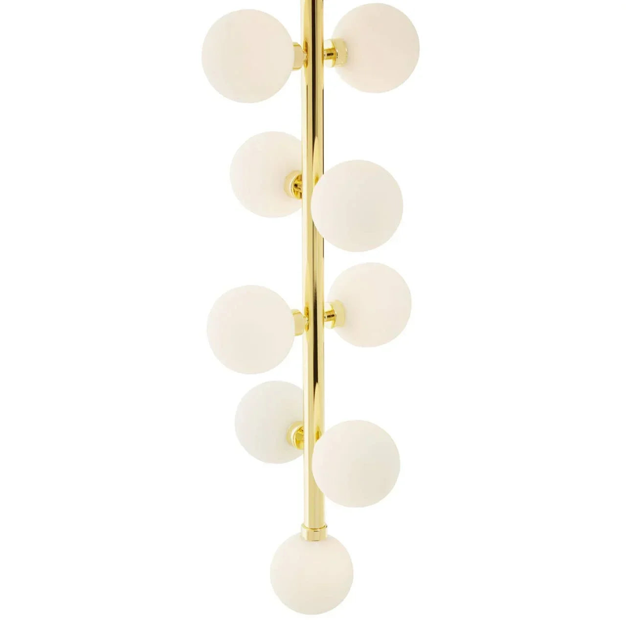 Gold chandelier with frosted glass globe lights in vertical arrangement