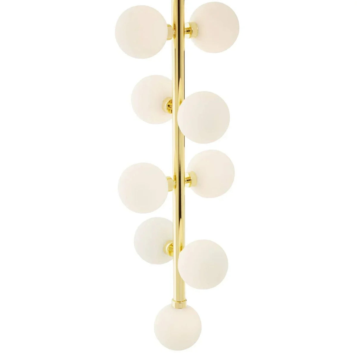 Gold chandelier with frosted glass globe lights in vertical arrangement