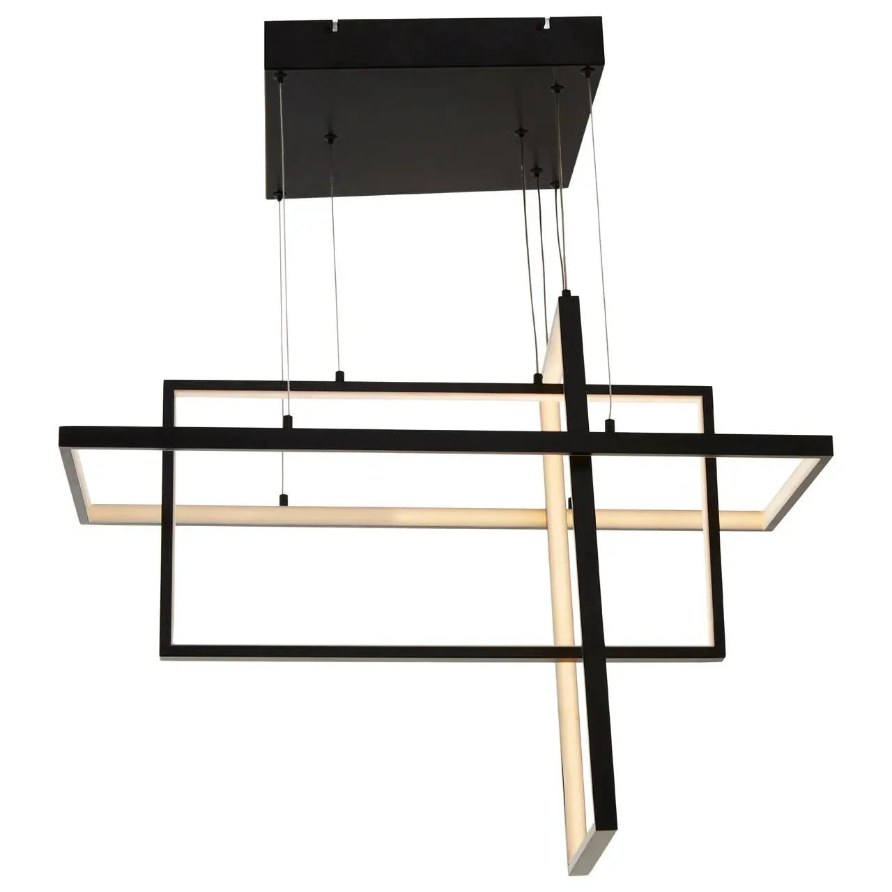 Modern black geometric pendant light with intersecting LED rectangular frames