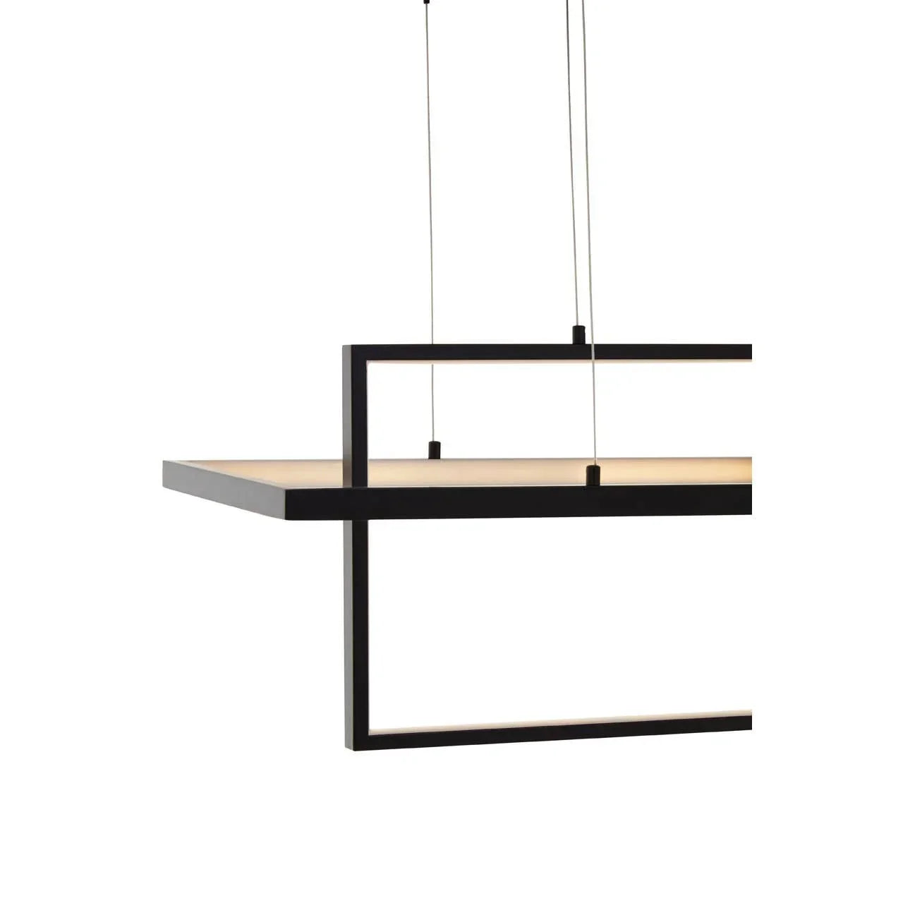 Modern black rectangular pendant light with suspended geometric frame, illuminated edge