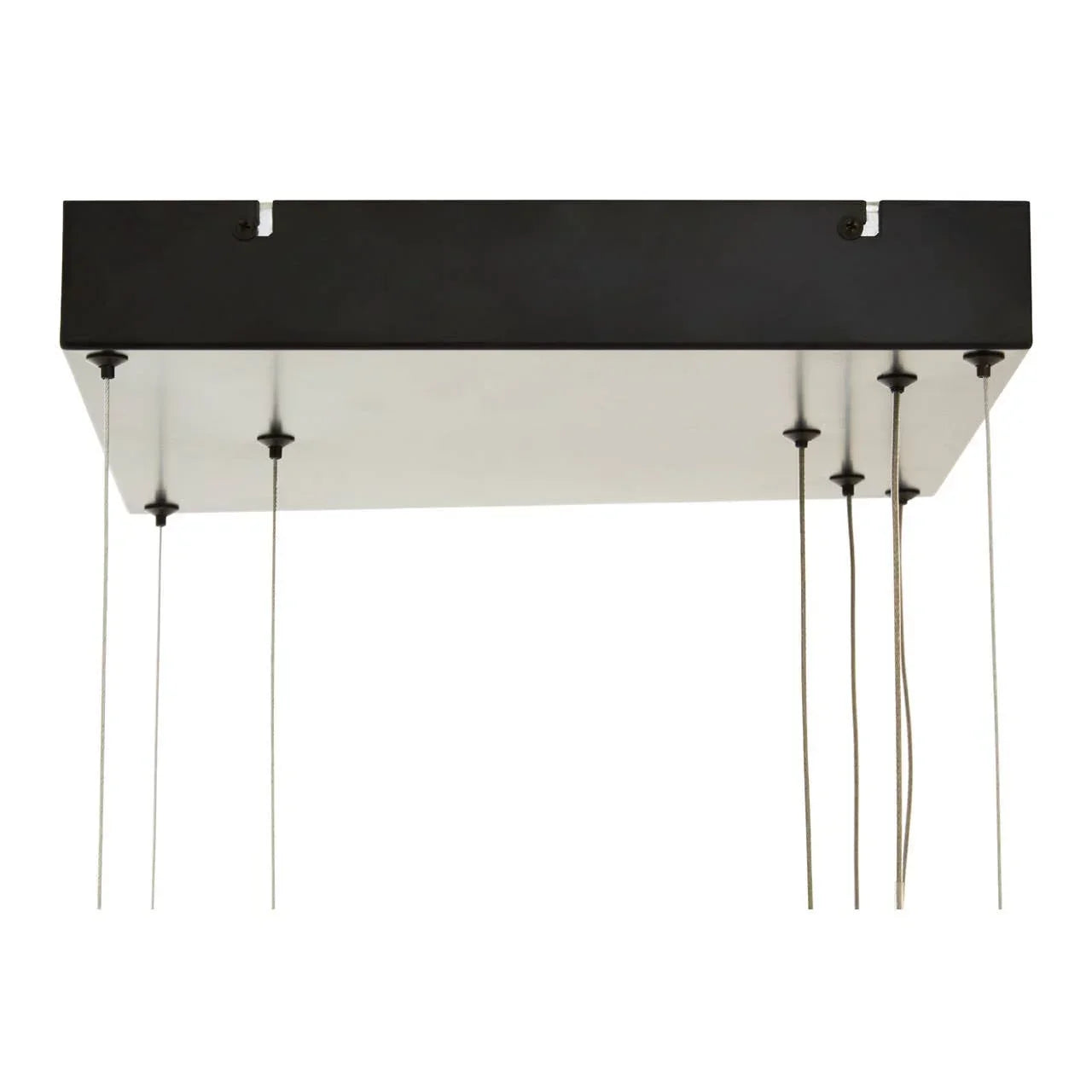 Black ceiling light fixture with multiple hanging suspension cables and square canopy