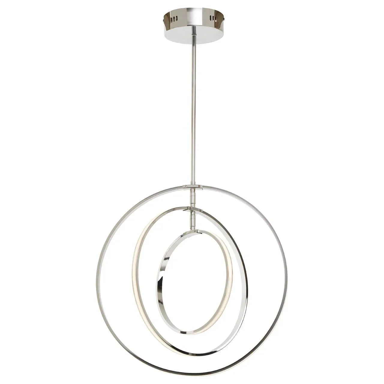 Chrome modern pendant light with three interlocking rings and ceiling mount