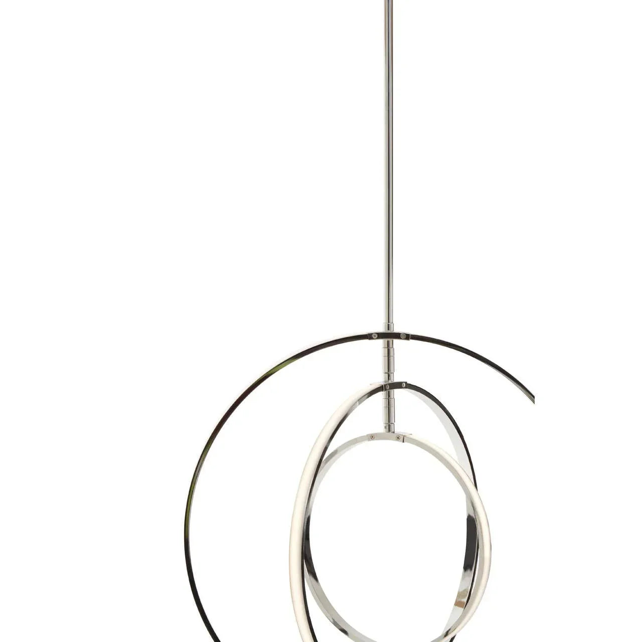 Chrome pendant ceiling light with intertwined LED rings and suspended rod