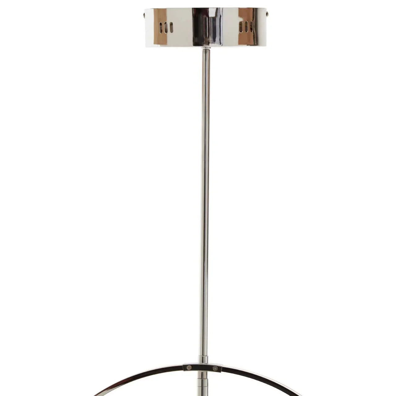 Chrome metal floor lamp pole with circular base detail, modern lighting design