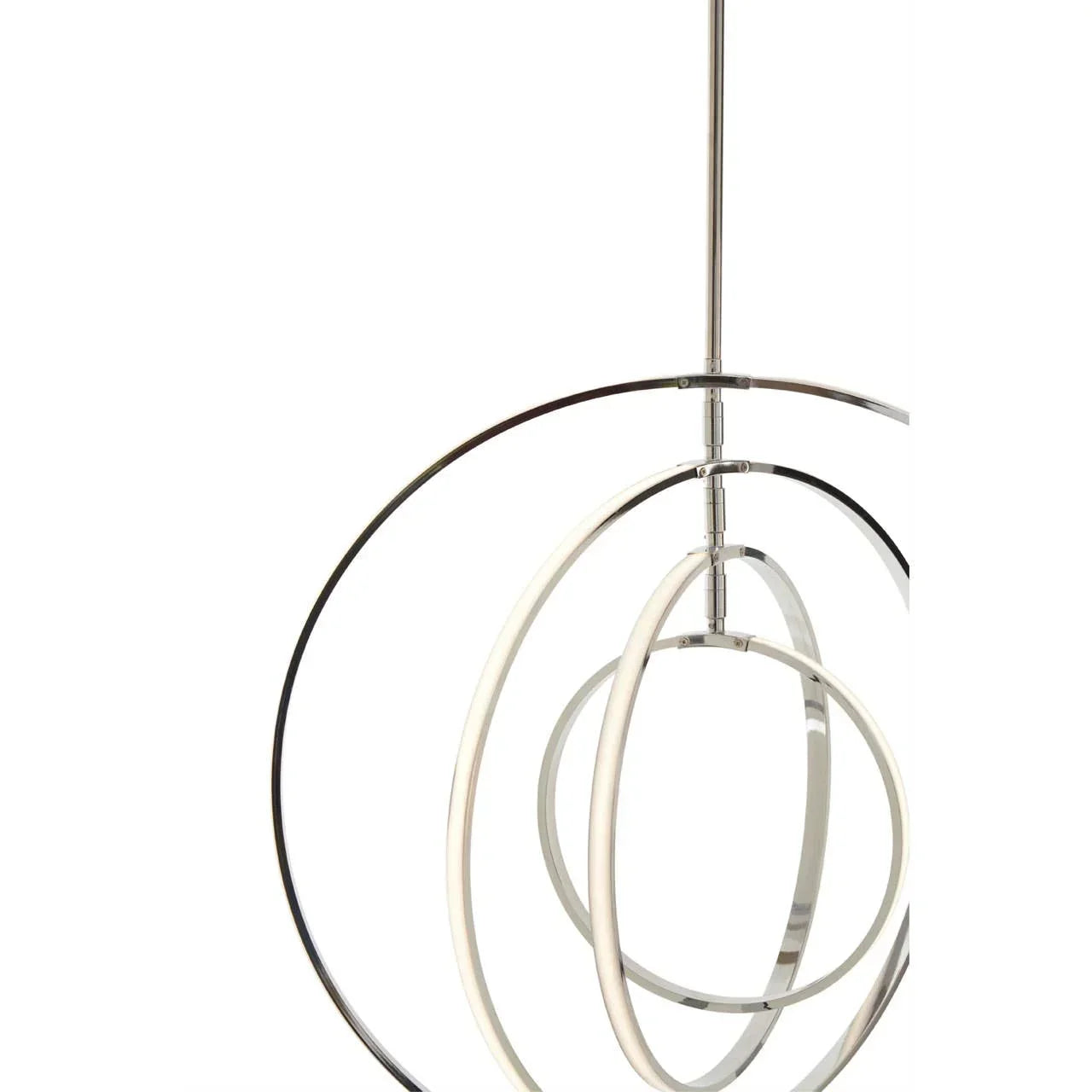 Modern chrome pendant light with intersecting metal rings and LED strips