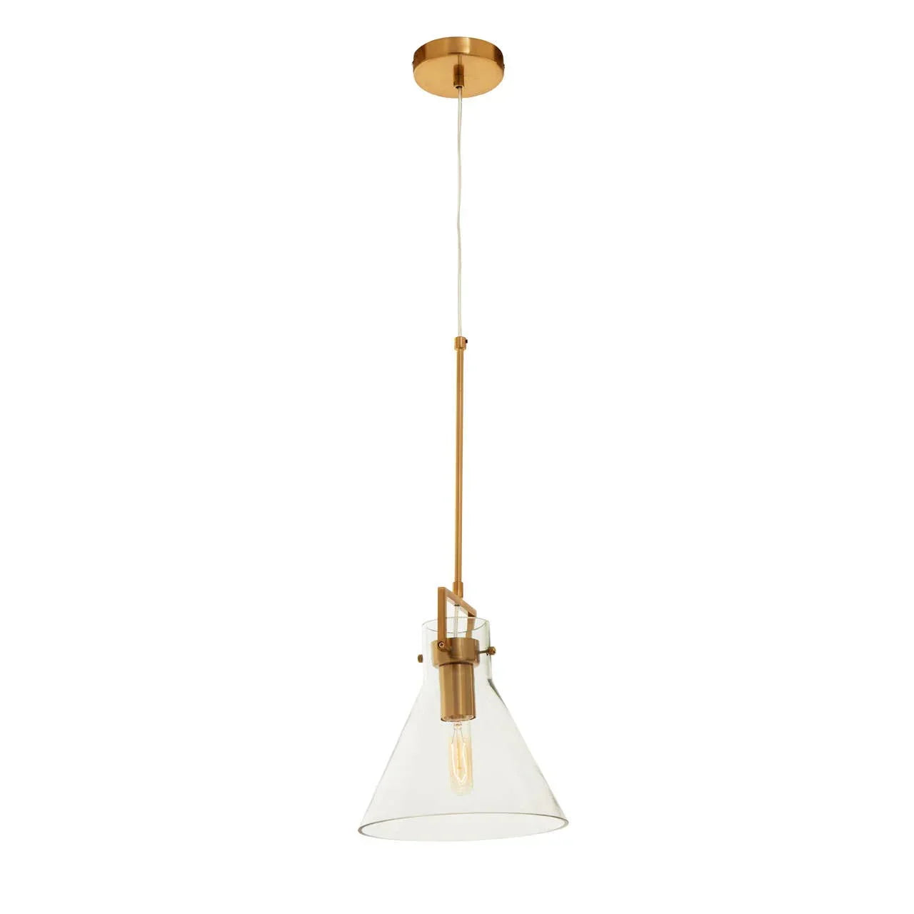 Brass pendant light with clear glass cone shade and exposed bulb, modern ceiling lighting