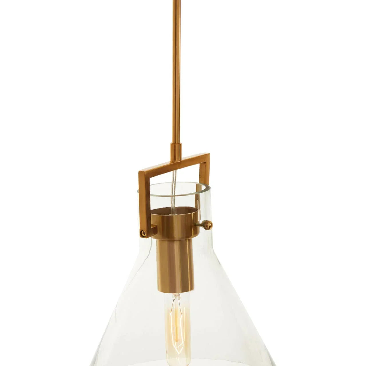 Glass pendant light with gold metal fixture and exposed bulb, close-up view