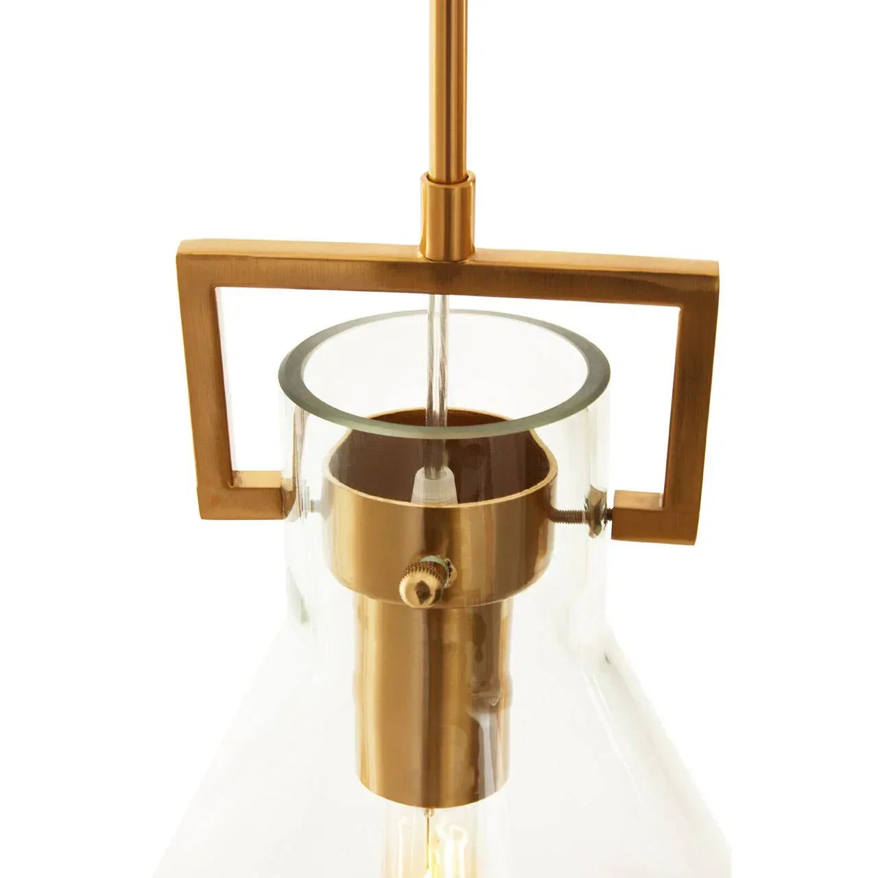 Brass and glass pendant light fixture with geometric frame and clear shade, close-up view