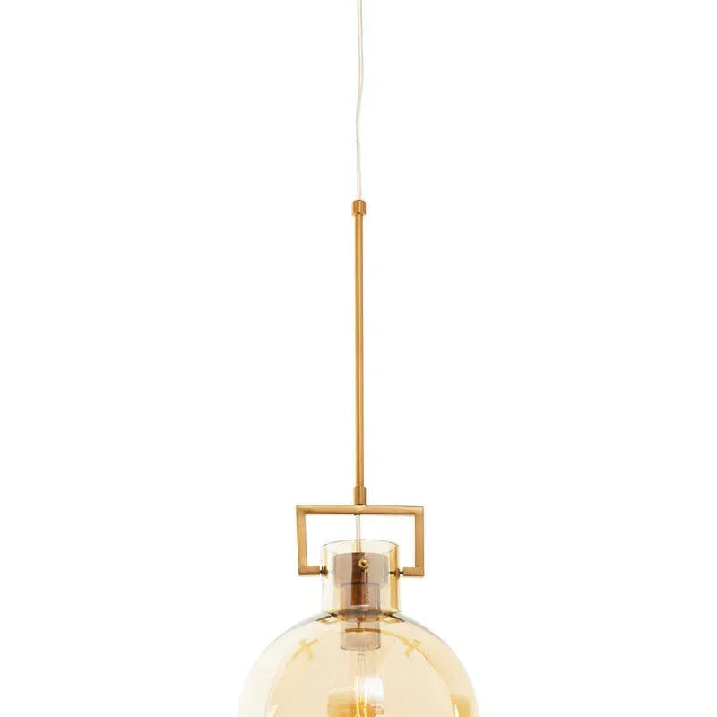 Gold pendant light with round glass shade and visible filament bulb, modern ceiling lighting