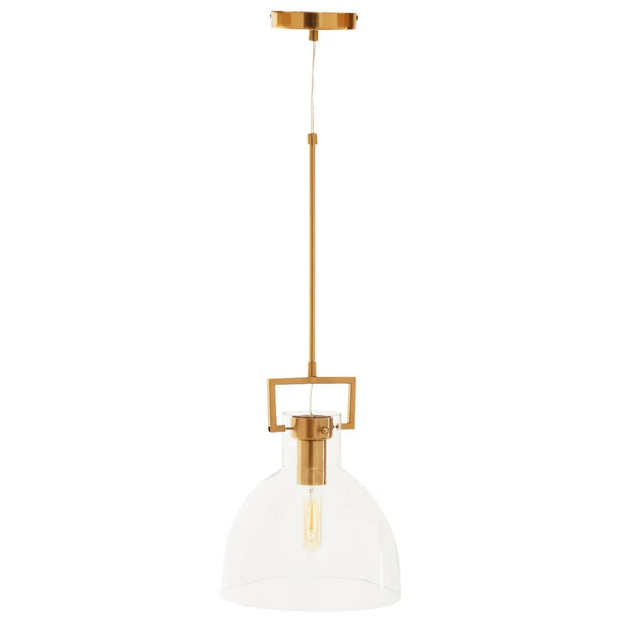 Gold pendant ceiling light with clear glass shade and exposed bulb