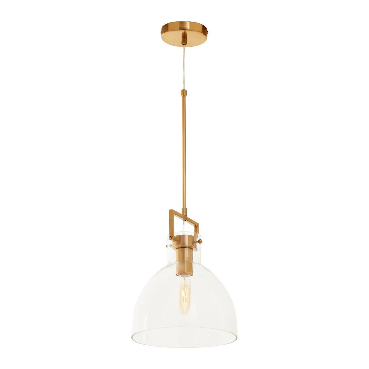 Gold pendant light with clear glass shade and exposed bulb on white background