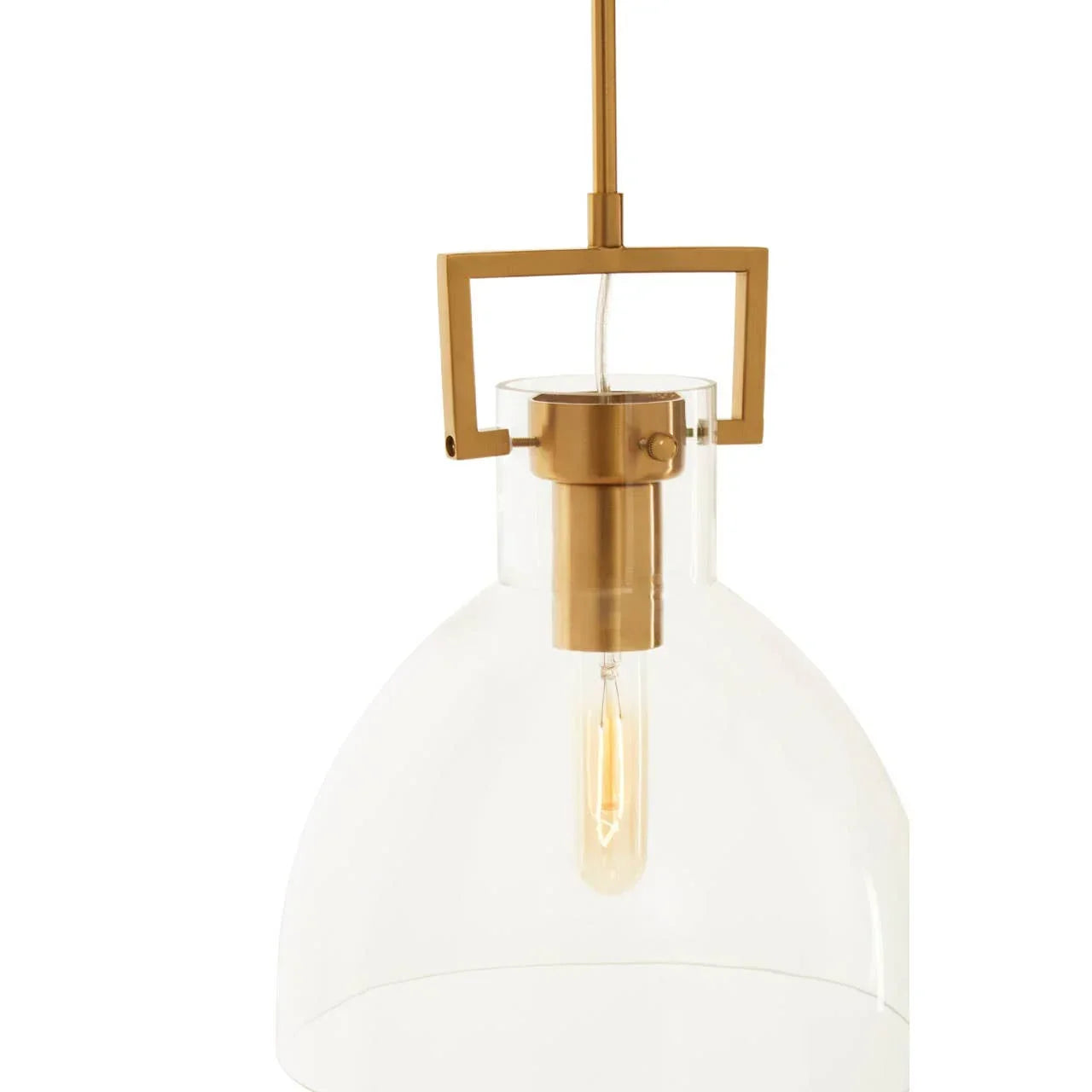 Brass and clear glass pendant light with exposed bulb and modern frame