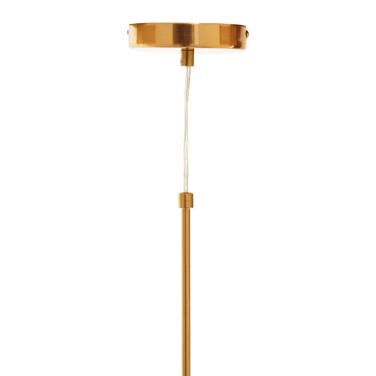 Gold ceiling rose and metal pendant light suspension with visible cord